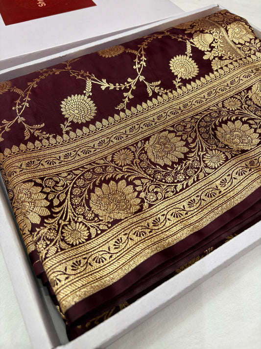 Deep Brown Katan Banarasi Saree with Floral Jaal Weaving and Grand Pallu