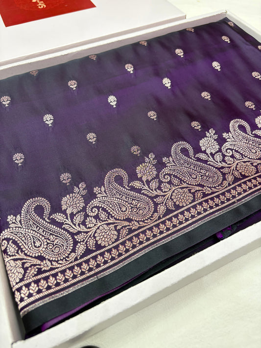 Dual Tone Purple Katan Banarasi Saree with Paisley Border and Grand Pallu