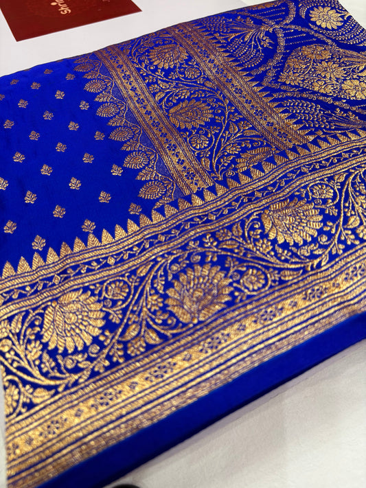 Royal Blue Katan Banarasi Saree with Floral Jaal Pallu and Zari Buti Weaving