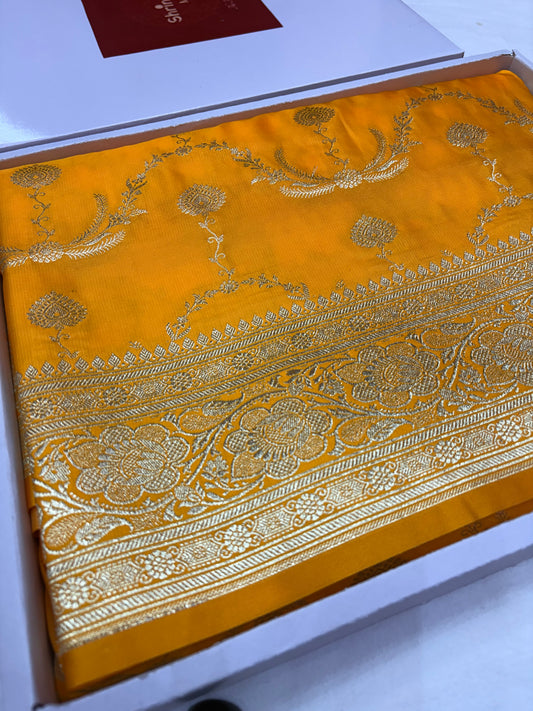 Mustard Yellow Katan Banarasi Saree with Floral Jaal and Gold Zari Border