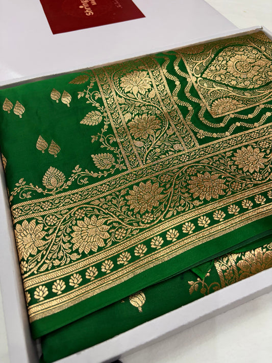 Emerald Green Katan Banarasi Saree with Floral Jaal Pallu and Zari Buti Weaving