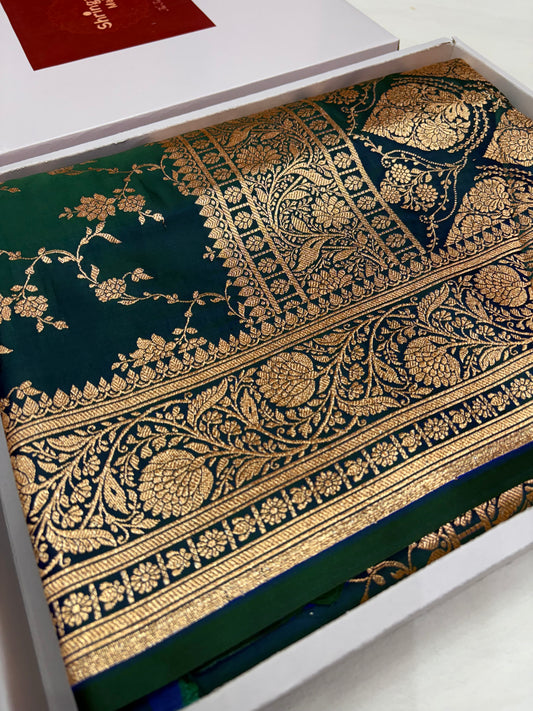 Petrol Blue Katan Banarasi Saree with Floral Jaal Weaving and Rich Woven Pallu