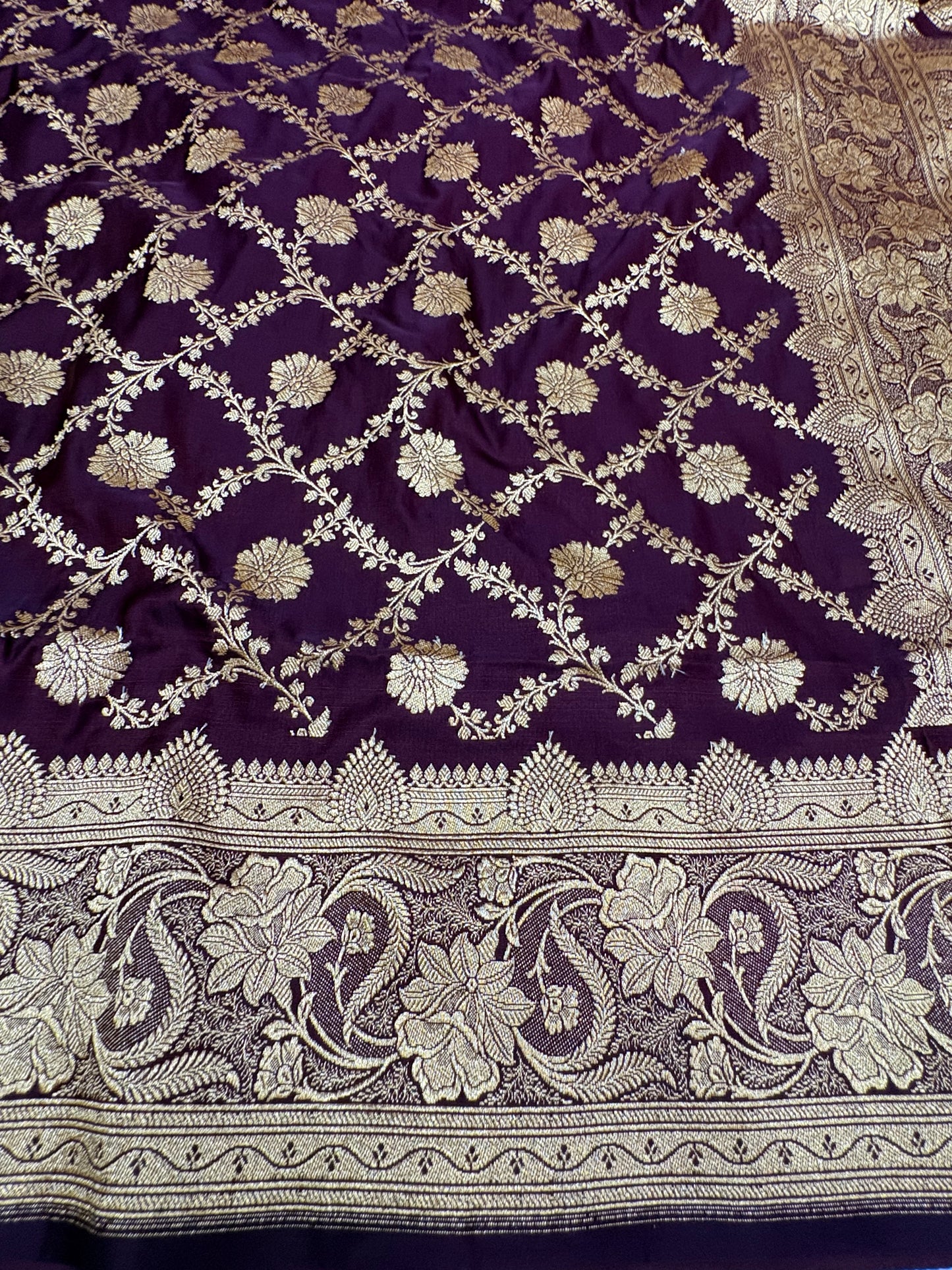Brown Katan Banarasi Saree with Floral Jaal and Ornamental Border