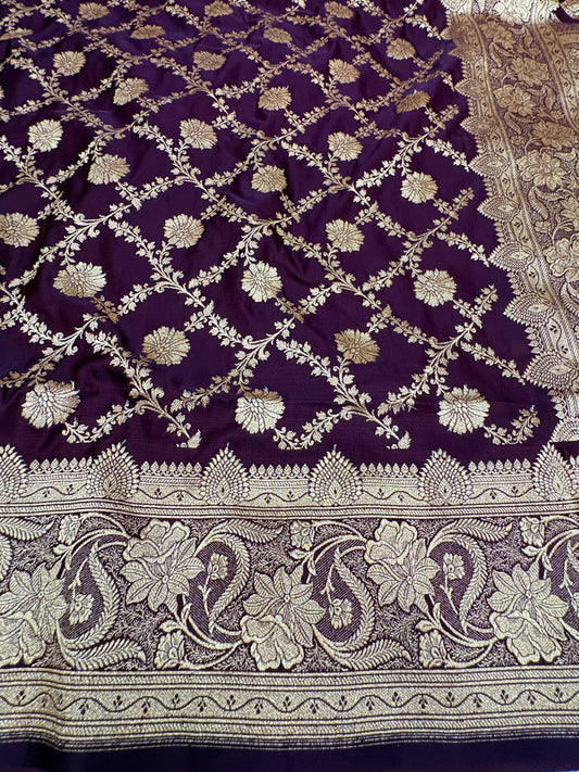 Brown Katan Banarasi Saree with Floral Jaal and Ornamental Border