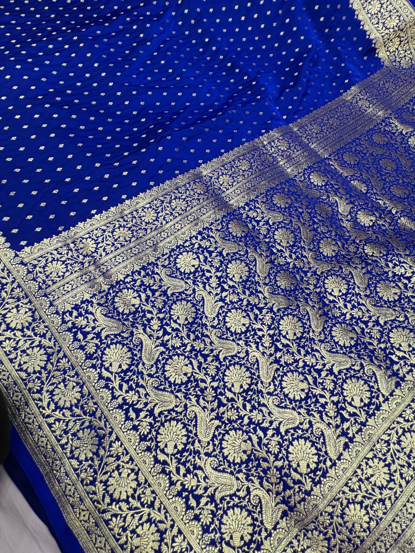 Royal Blue Katan Banarasi Saree with Buti Work and Floral Border
