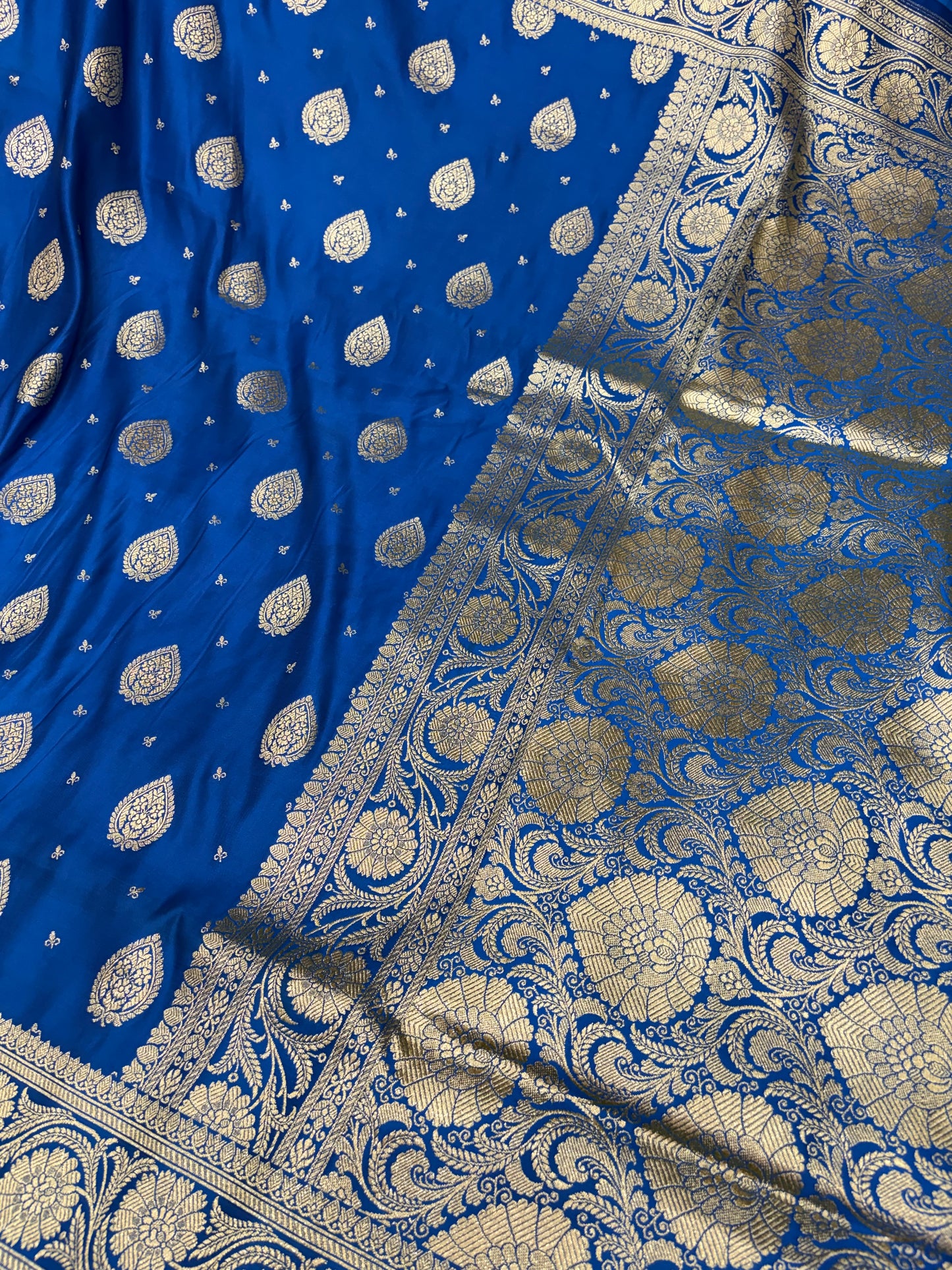 Peacock Blue Katan Banarasi Saree with Paisley Buti and Ornamental Pallu