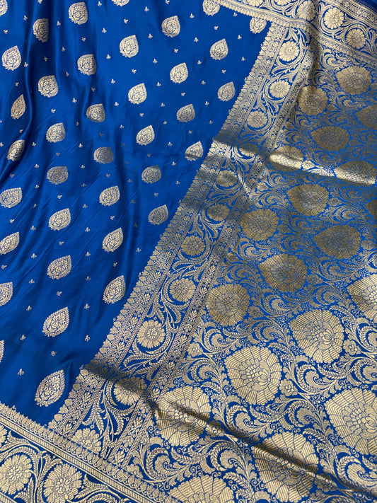 Peacock Blue Katan Banarasi Saree with Paisley Buti and Ornamental Pallu
