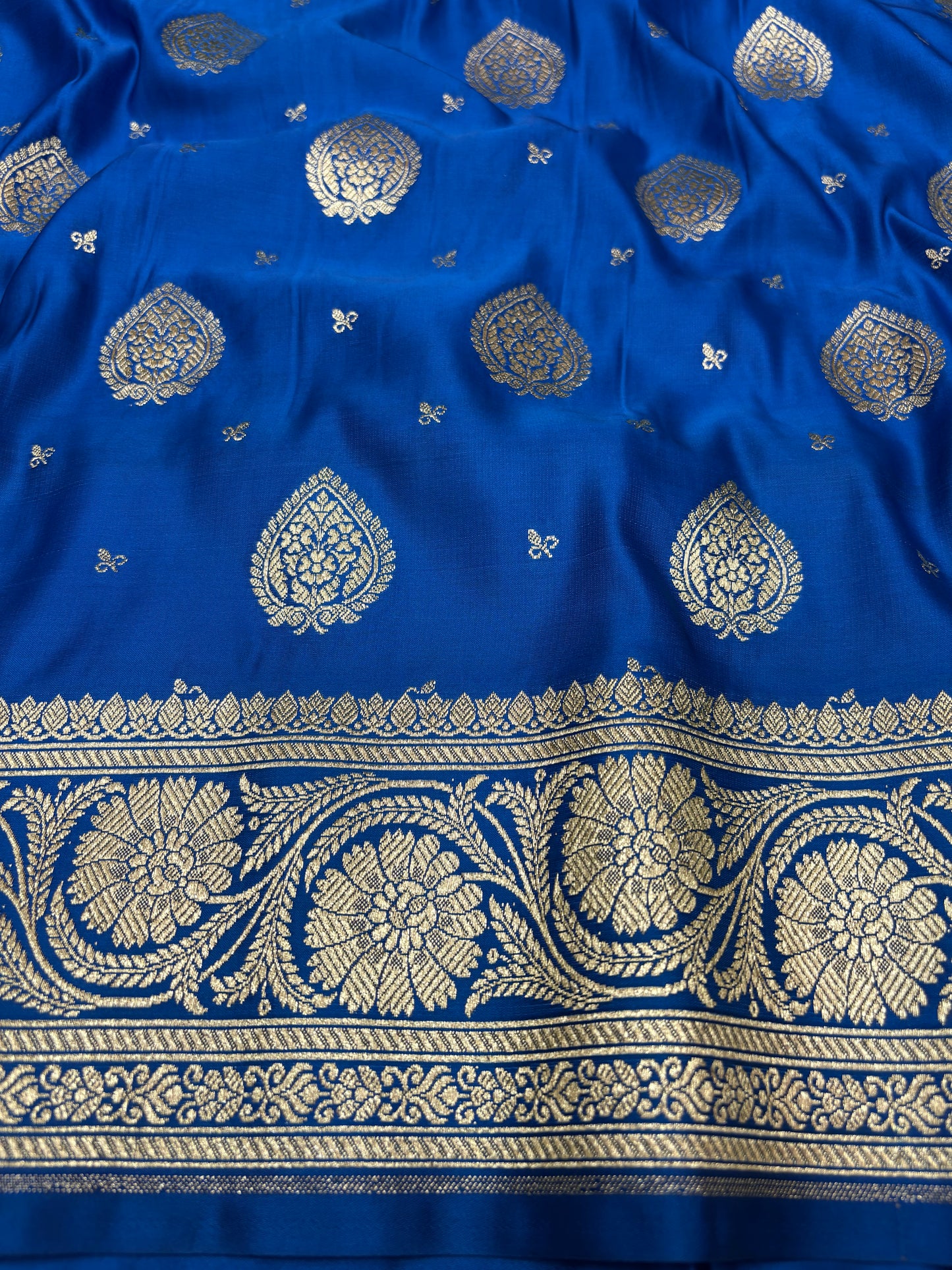 Peacock Blue Katan Banarasi Saree with Paisley Buti and Ornamental Pallu