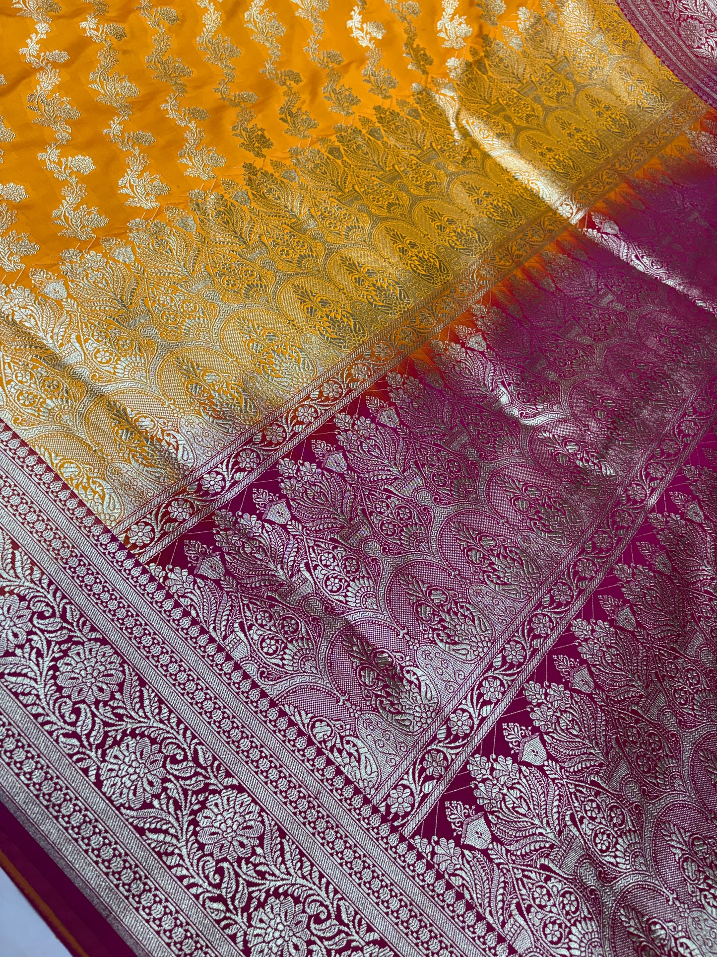 Mustard Yellow Katan Banarasi Saree with Rani Pink Contrast Border and Floral Jaal