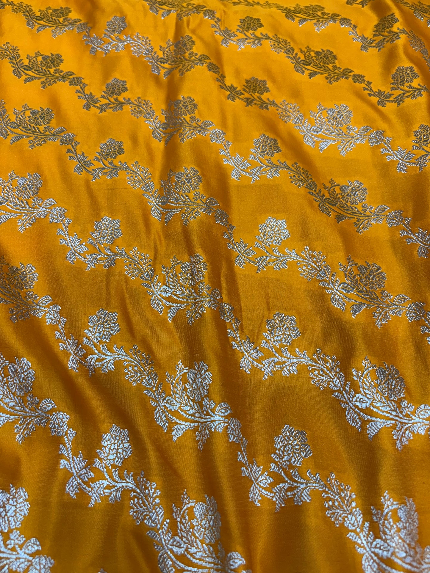 Mustard Yellow Katan Banarasi Saree with Rani Pink Contrast Border and Floral Jaal
