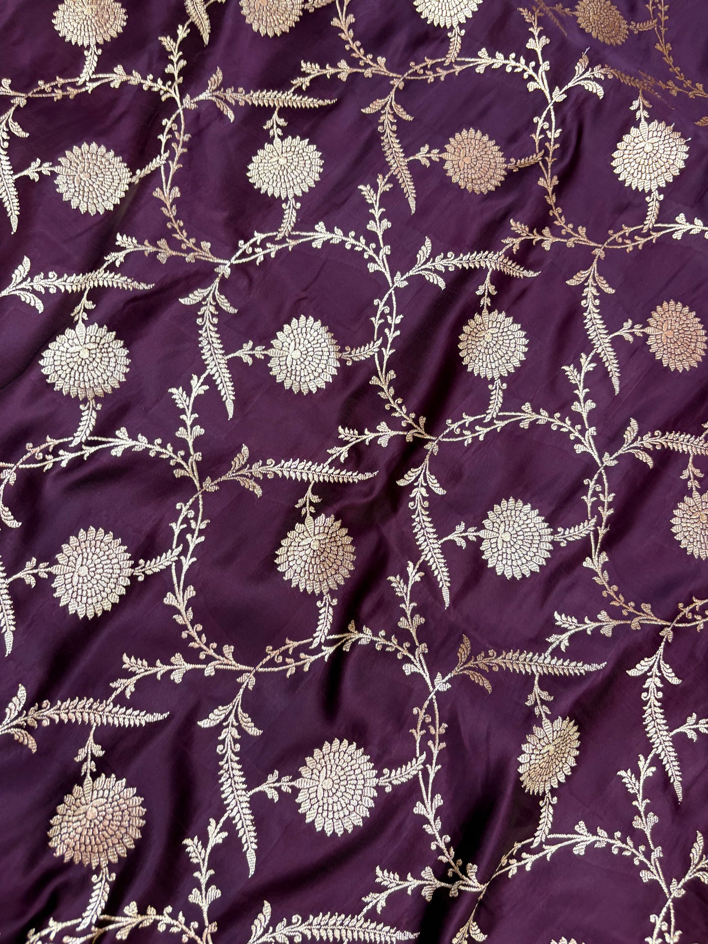 Deep Brown Katan Banarasi Saree with Floral Jaal Weaving and Grand Pallu