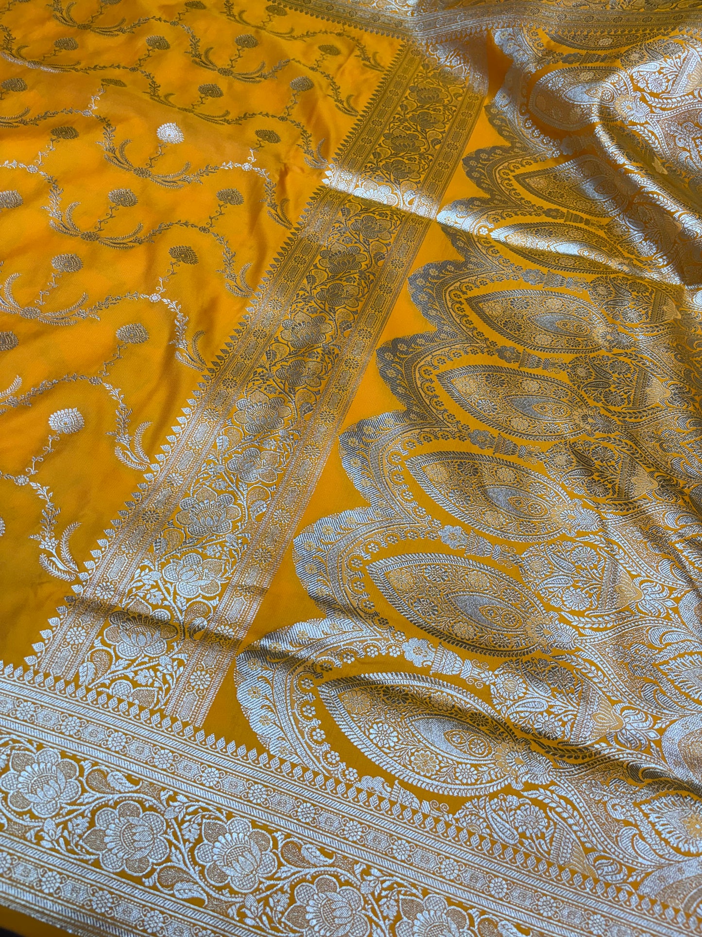 Mustard Yellow Katan Banarasi Saree with Floral Jaal and Gold Zari Border