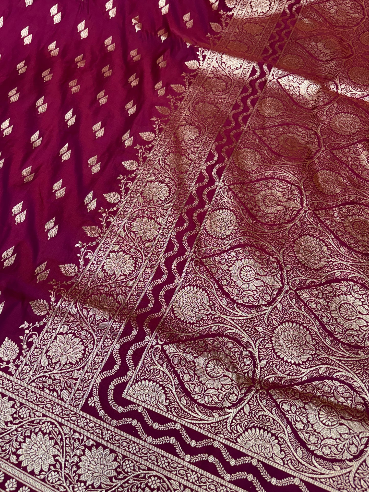 Rani Pink Katan Banarasi Saree with Gold Zari Buti and Rich Woven Pallu