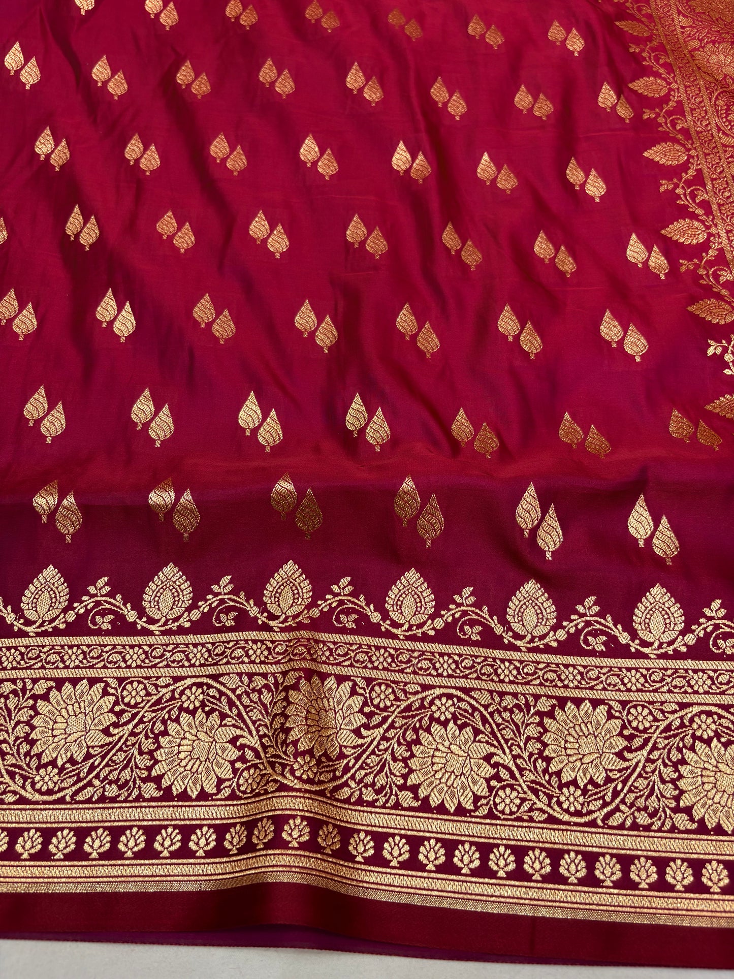 Rani Pink Katan Banarasi Saree with Gold Zari Buti and Rich Woven Pallu