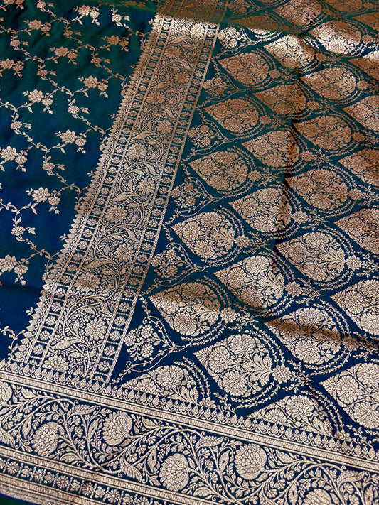 Petrol Blue Katan Banarasi Saree with Floral Jaal Weaving and Rich Woven Pallu