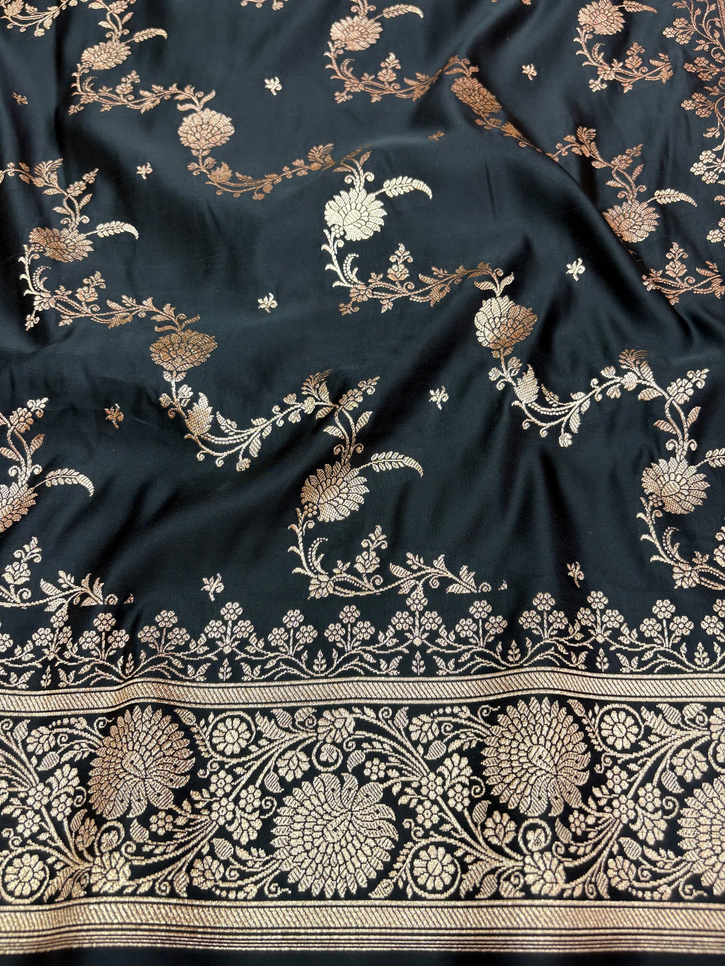 Black Katan Banarasi Saree with Floral Buti Weaving and Rich Zari Pallu