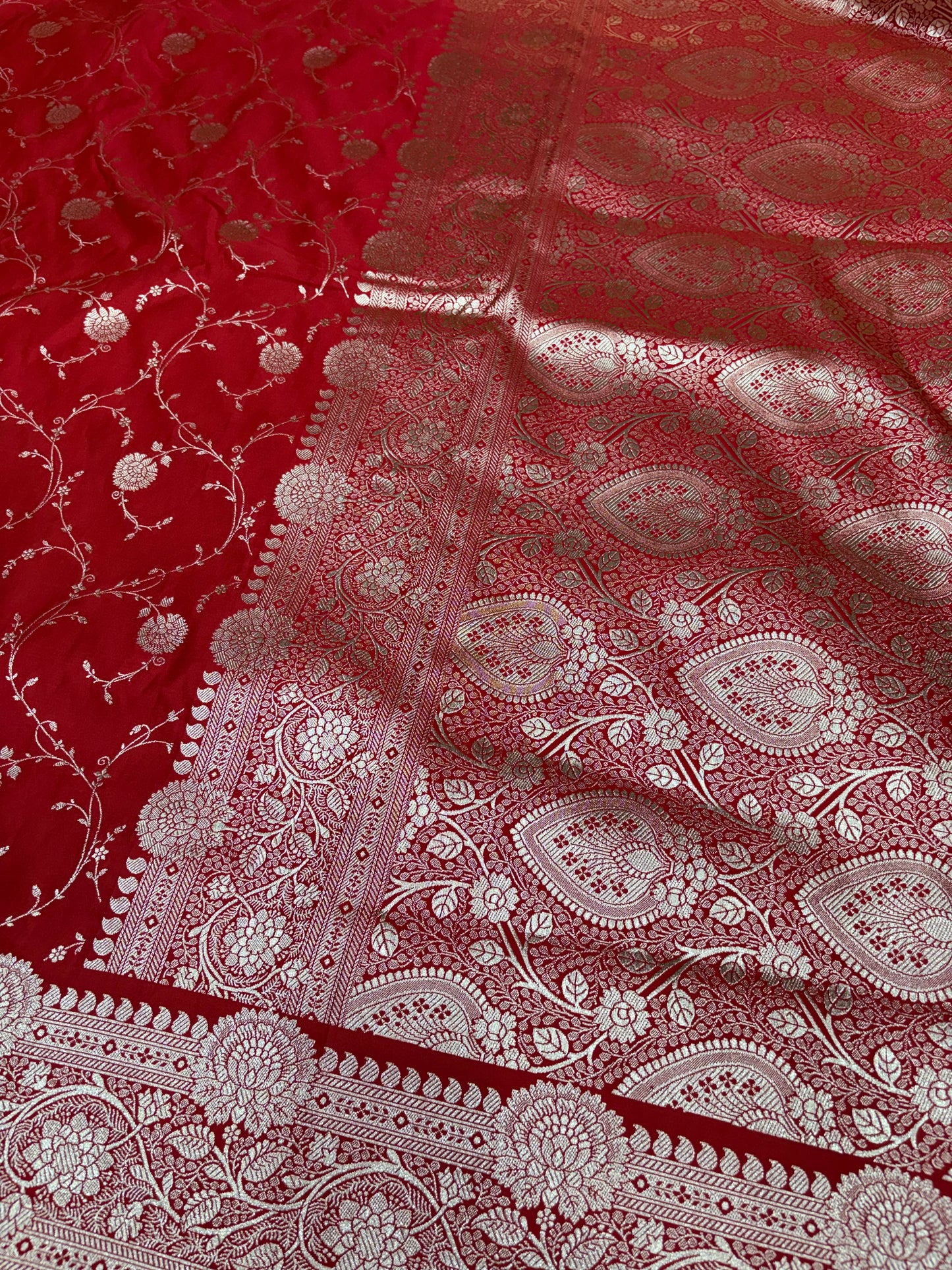 Red Katan Banarasi Saree with Gold Zari Floral Jaal and Tassel Pallu