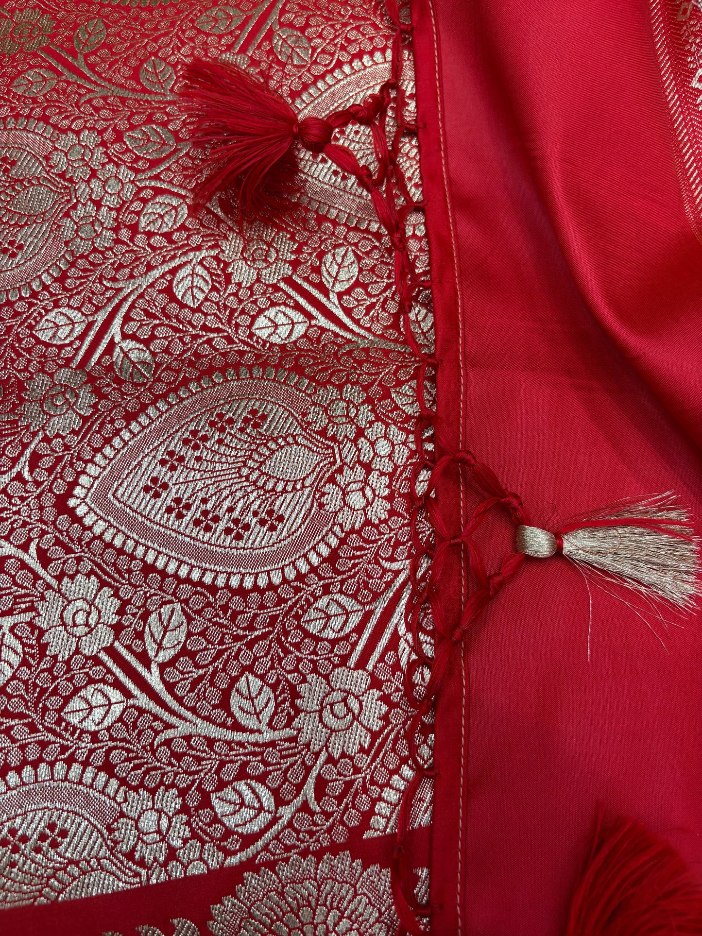 Red Katan Banarasi Saree with Gold Zari Floral Jaal and Tassel Pallu