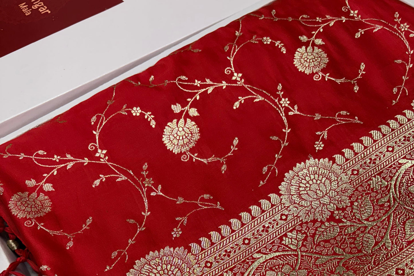 Red Katan Banarasi Saree with Gold Zari Floral Jaal and Tassel Pallu