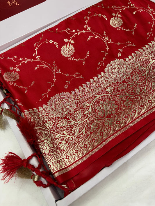 Red Katan Banarasi Saree with Gold Zari Floral Jaal and Tassel Pallu