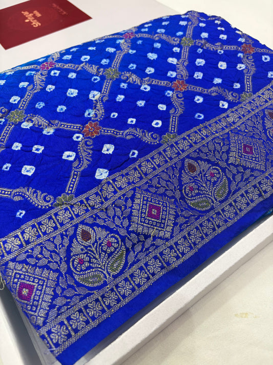 Royal Blue Contrast Bandhej Banarasi Silk Saree