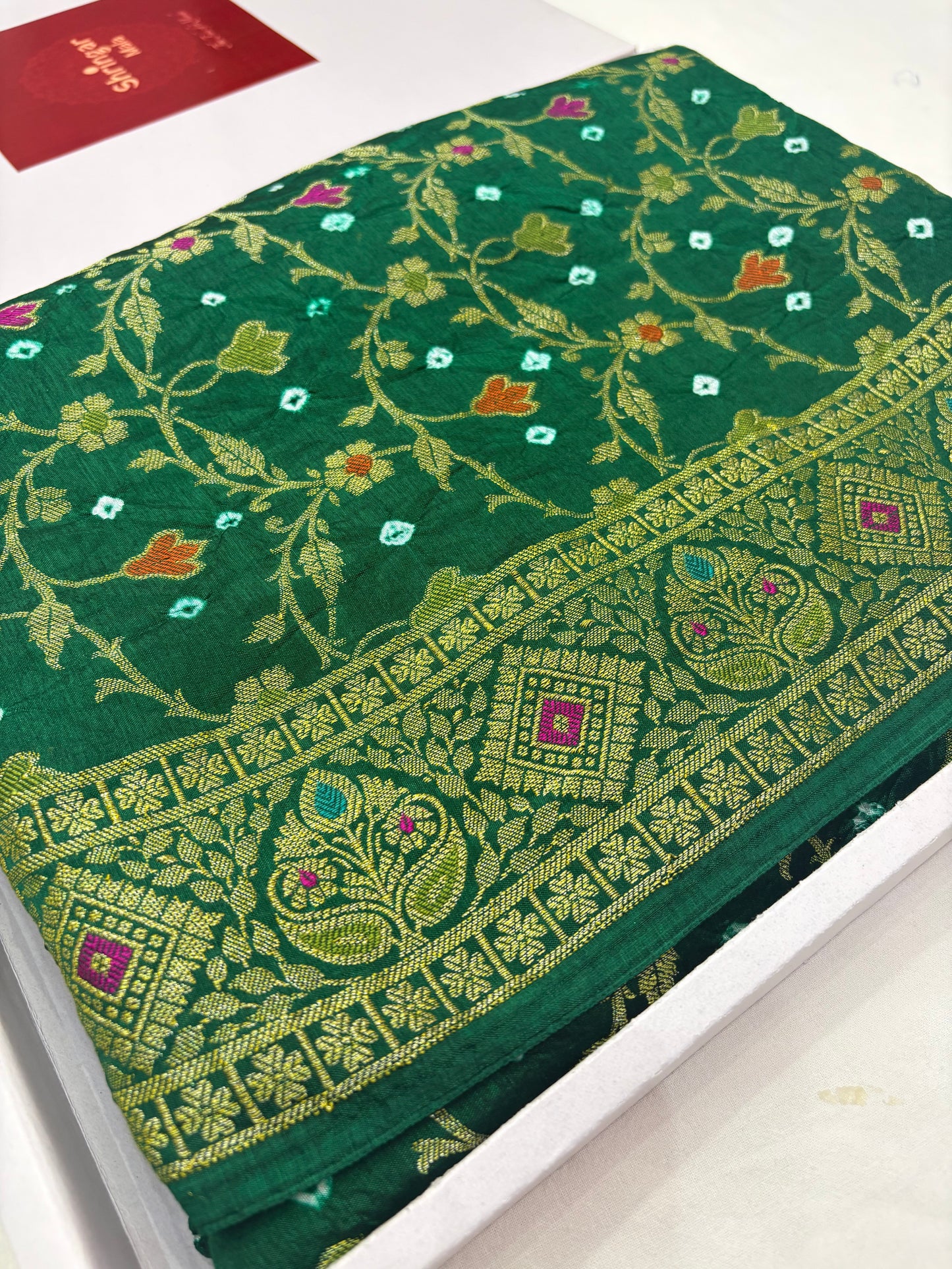 Dark Green Floral Jaal Banarasi Bandhej Saree