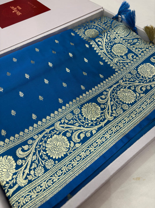 Peacock Blue Katan Banarasi Silk Saree