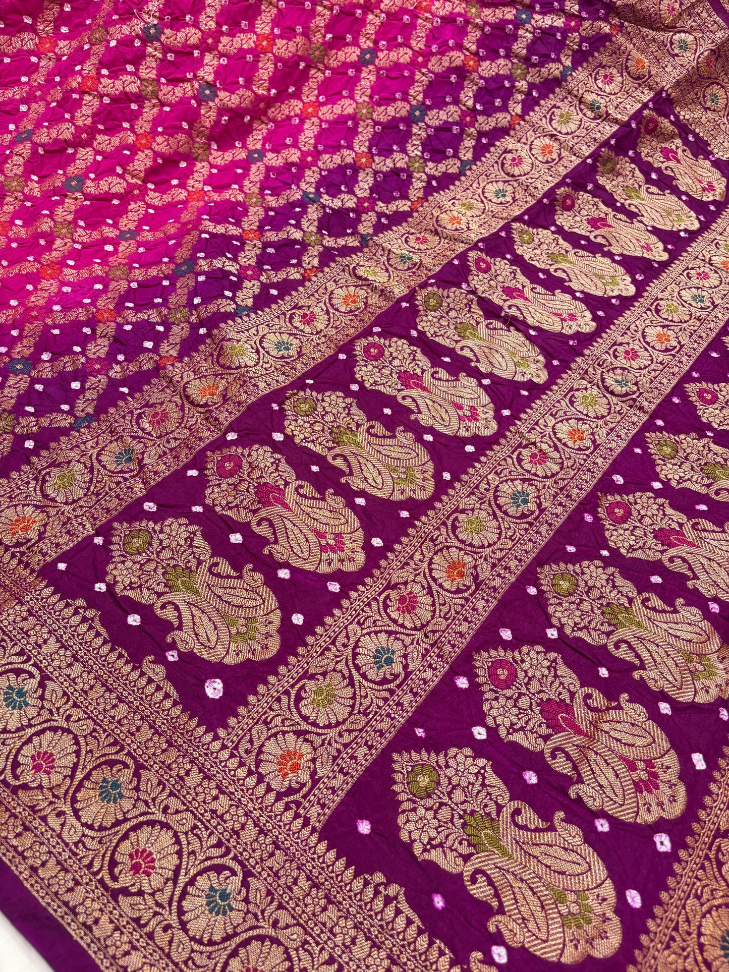 Rani Pink & Purple Contrast Bandhej Banarasi Silk Saree