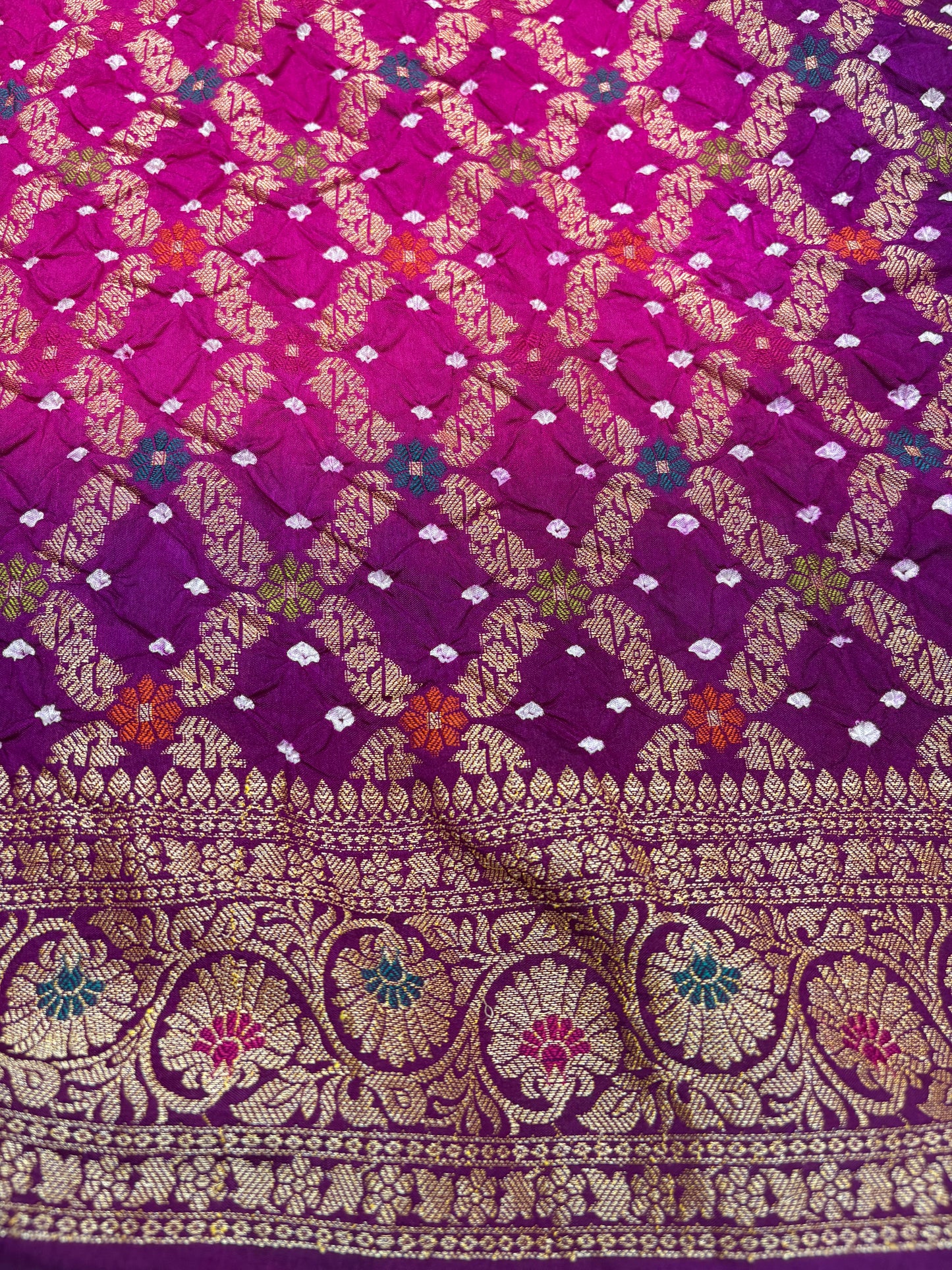 Rani Pink & Purple Contrast Bandhej Banarasi Silk Saree