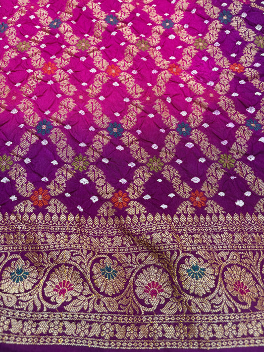 Rani Pink & Purple Contrast Bandhej Banarasi Silk Saree