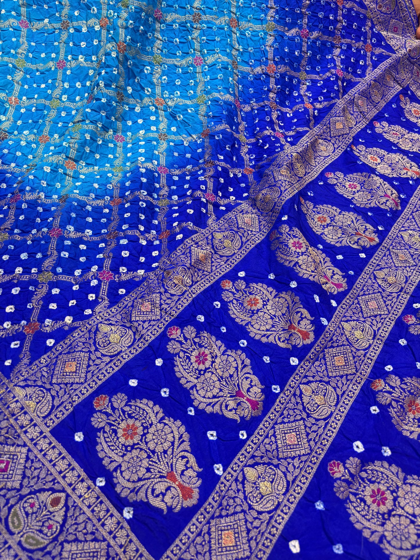 Royal Blue Contrast Bandhej Banarasi Silk Saree