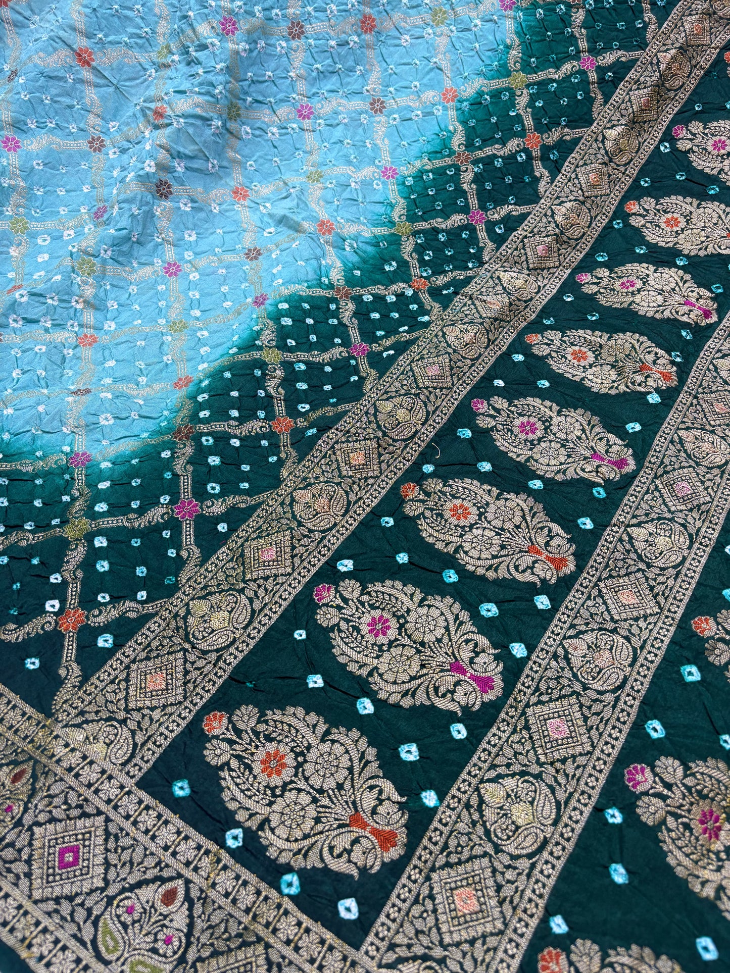 Sea Green & Aqua Blue Contrast Bandhej Banarasi Silk Saree