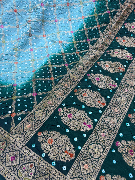Sea Green & Aqua Blue Contrast Bandhej Banarasi Silk Saree