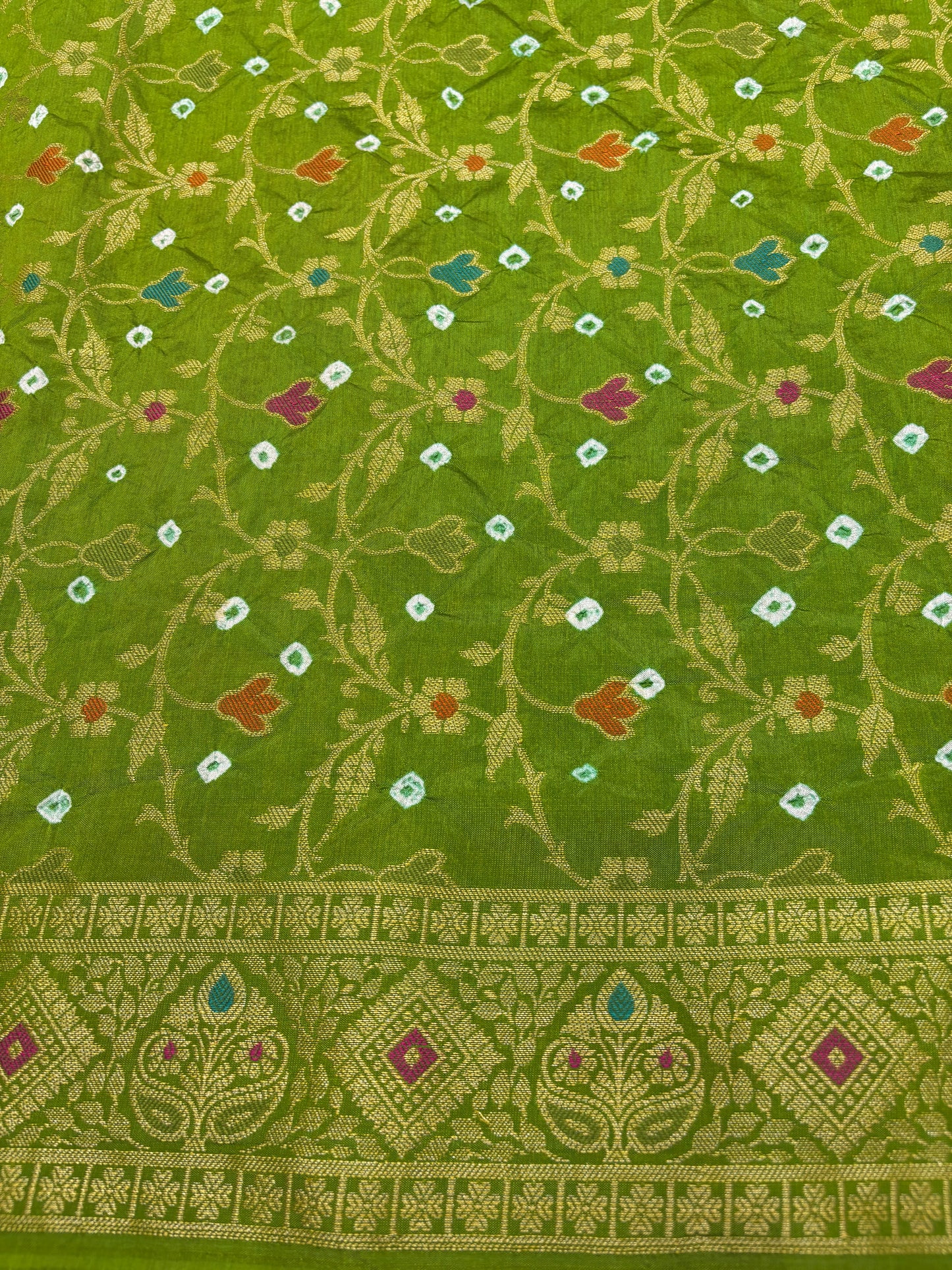 Parrot Green Bandhej Floral Jaal Banarasi Silk Saree
