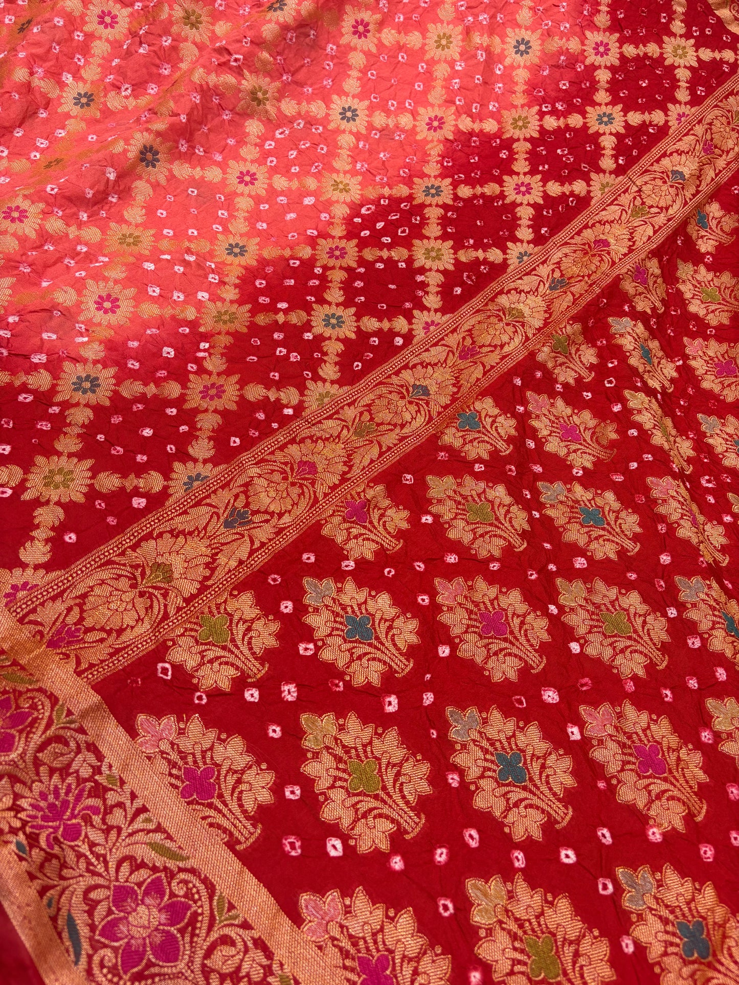 Red Contrast Bandhej Banarasi Silk Saree
