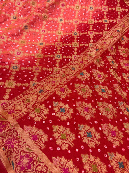 Red Contrast Bandhej Banarasi Silk Saree