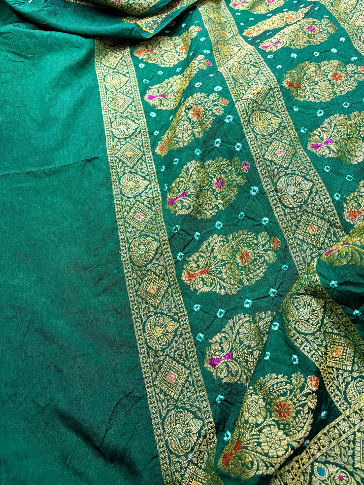 Dark Green Floral Jaal Banarasi Bandhej Saree