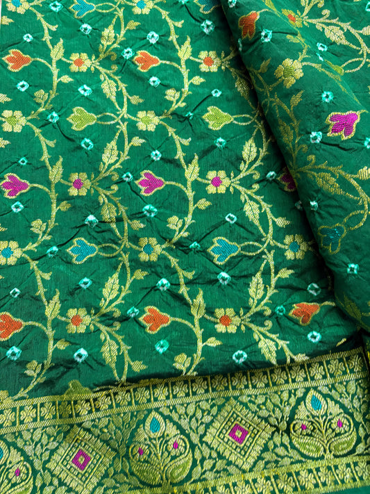 Dark Green Floral Jaal Banarasi Bandhej Saree