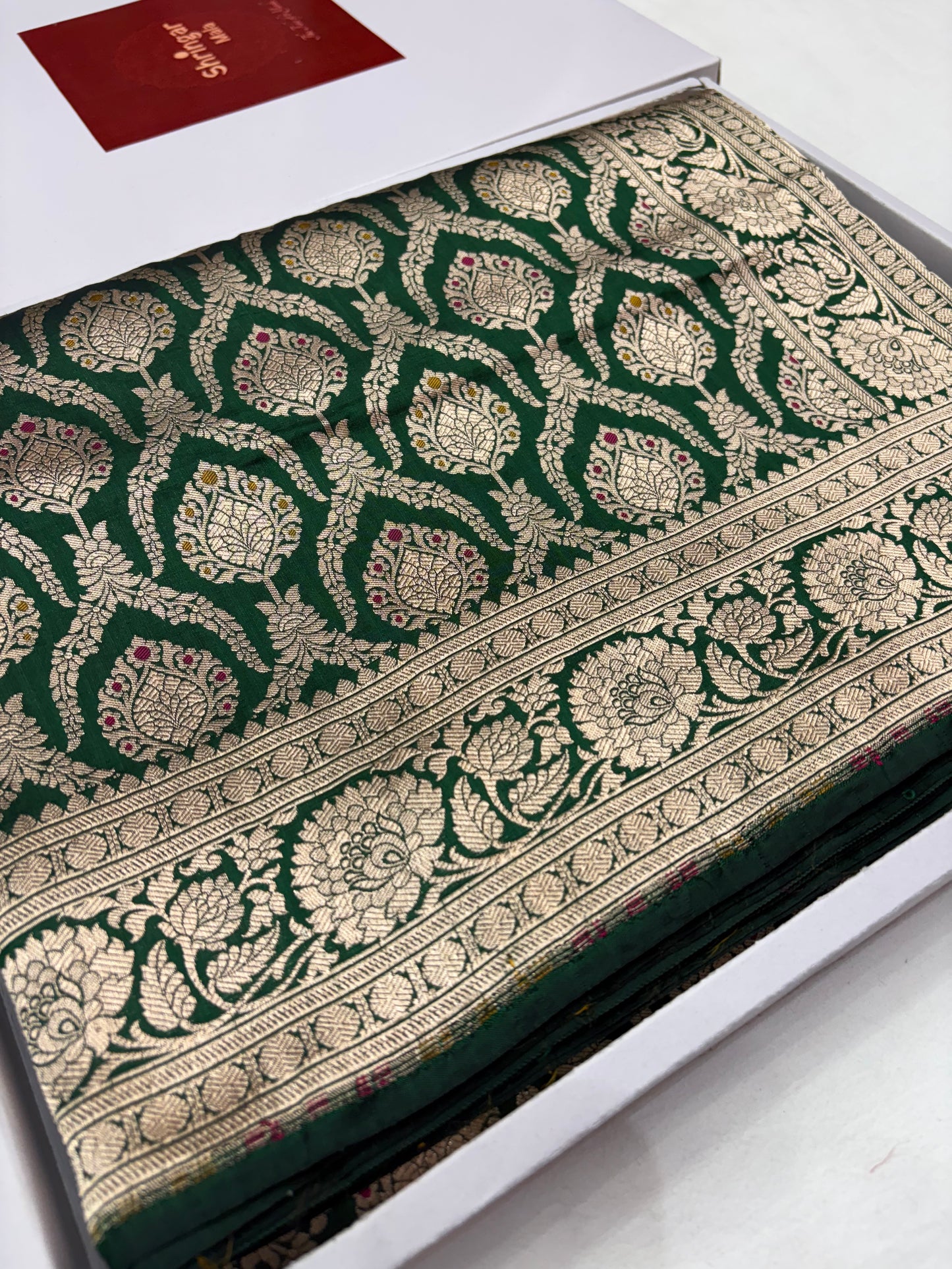 Banarasi Meenakari Woven Pure Katan Saree in Bottle Green
