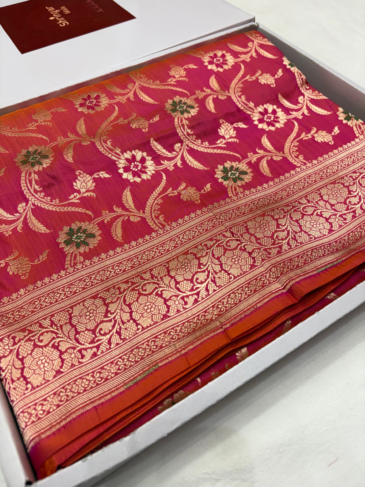 Banarasi Meenakari Woven Pure Katan Silk Saree in Rani Pink with Orange Contrast
