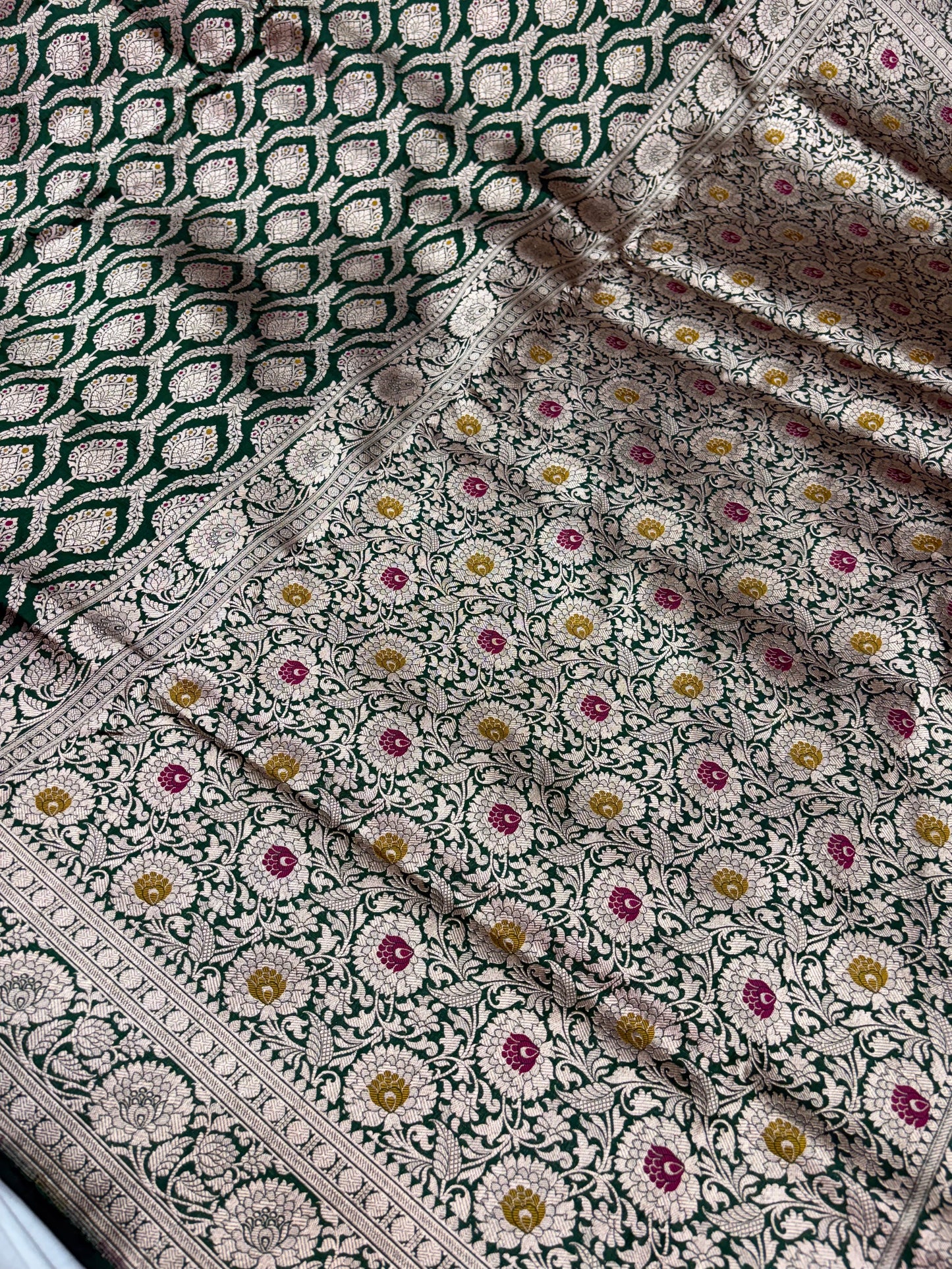 Banarasi Meenakari Woven Pure Katan Saree in Bottle Green