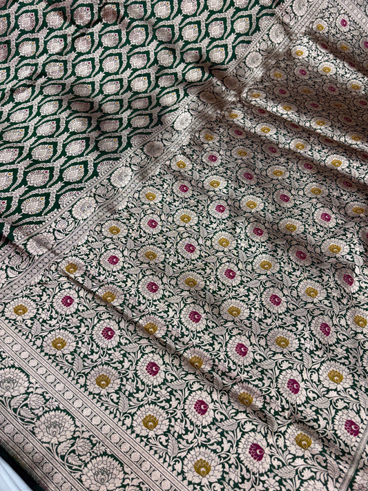 Banarasi Meenakari Woven Pure Katan Saree in Bottle Green (PK5)