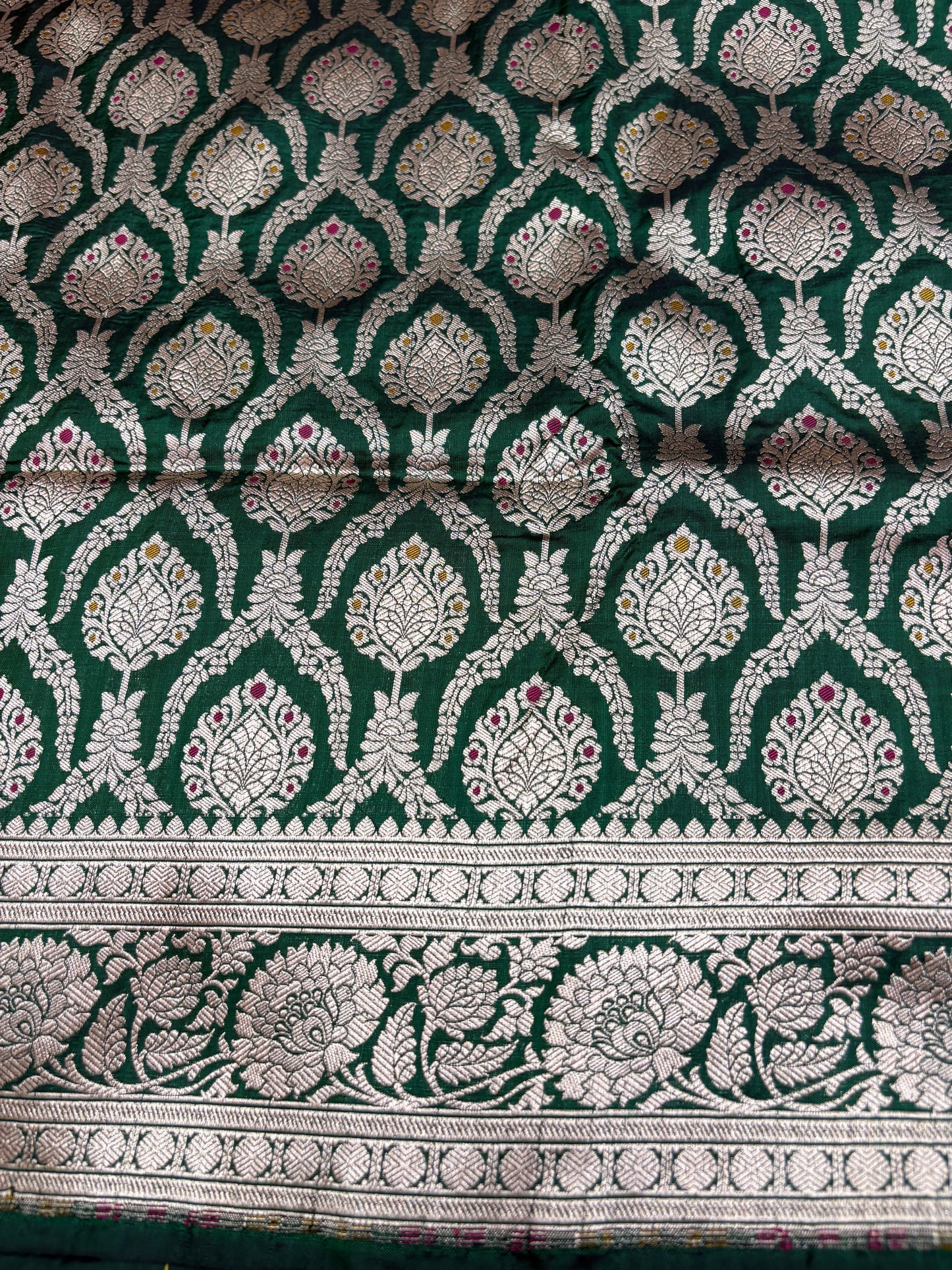 Banarasi Meenakari Woven Pure Katan Saree in Bottle Green