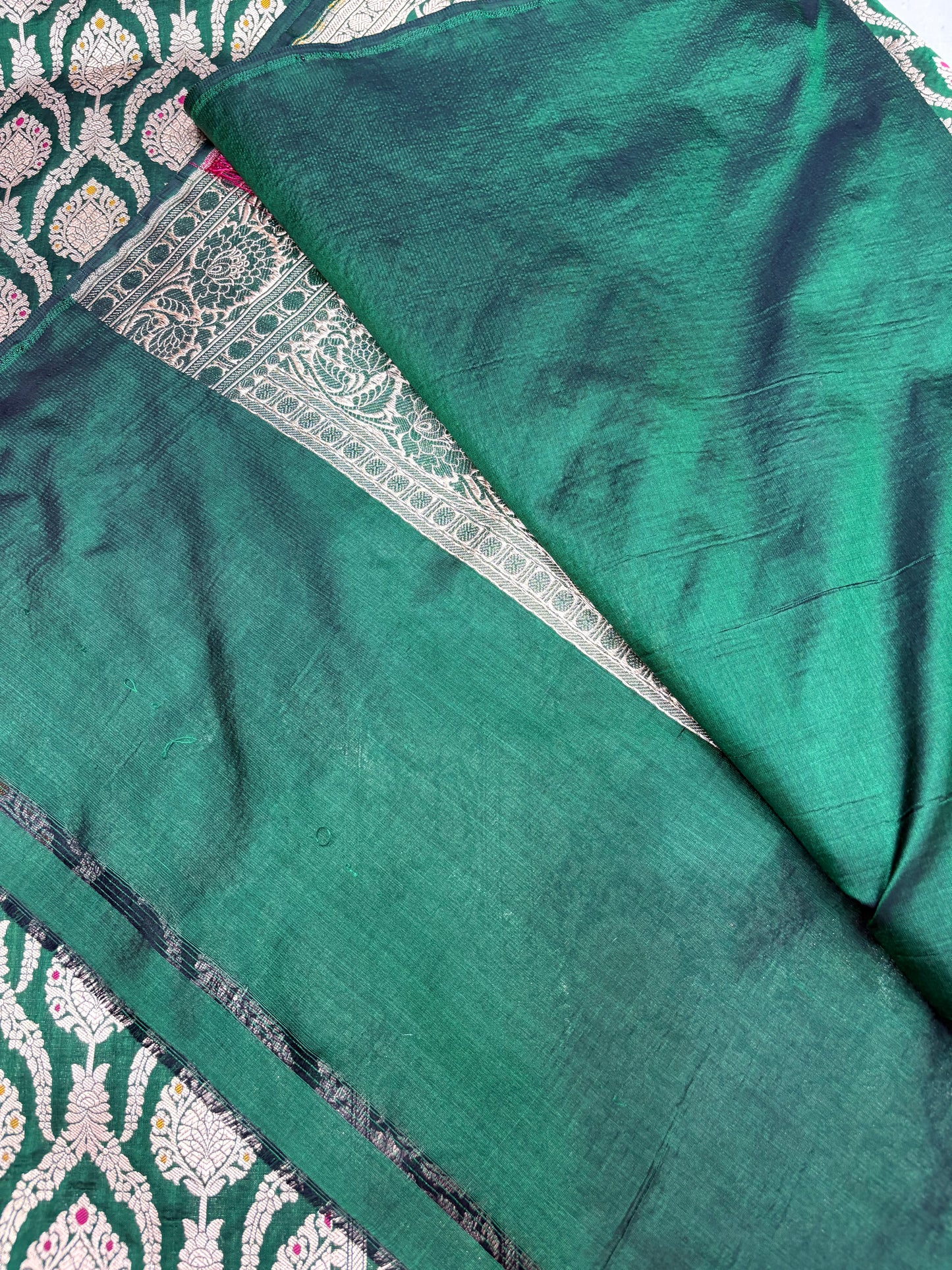 Banarasi Meenakari Woven Pure Katan Saree in Bottle Green