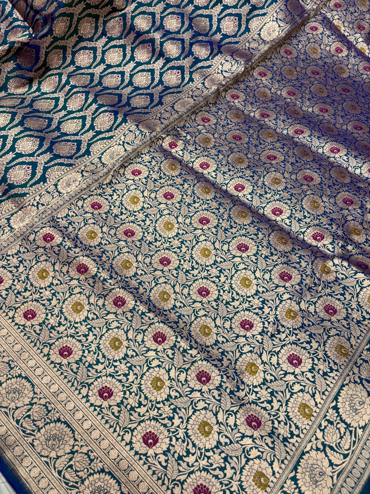 Banarasi Meenakari Woven Pure Katan Saree in Peacock Blue