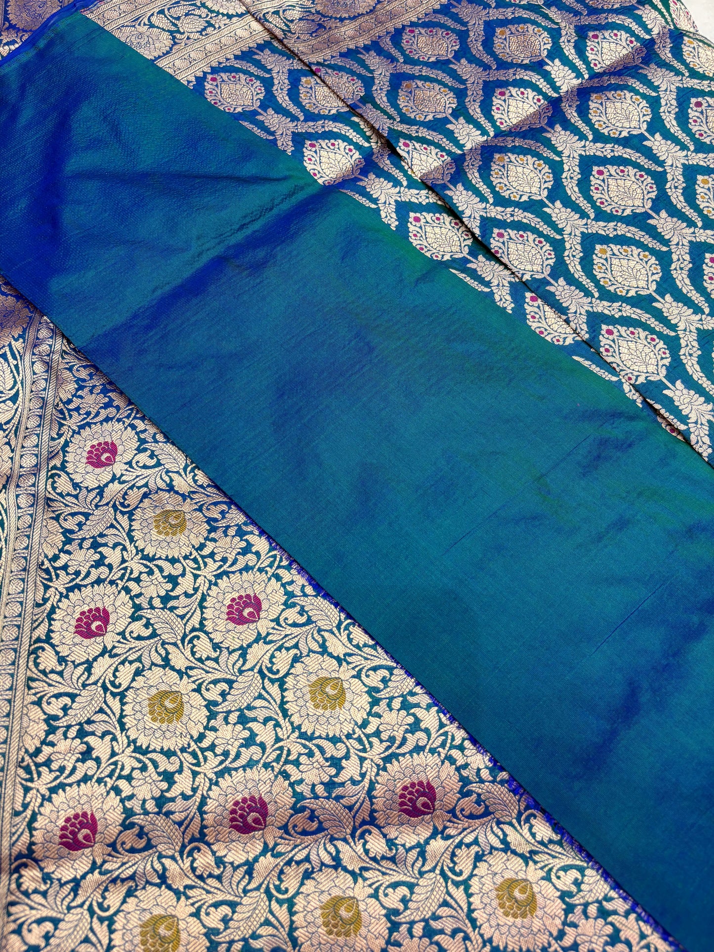 Banarasi Meenakari Woven Pure Katan Saree in Peacock Blue