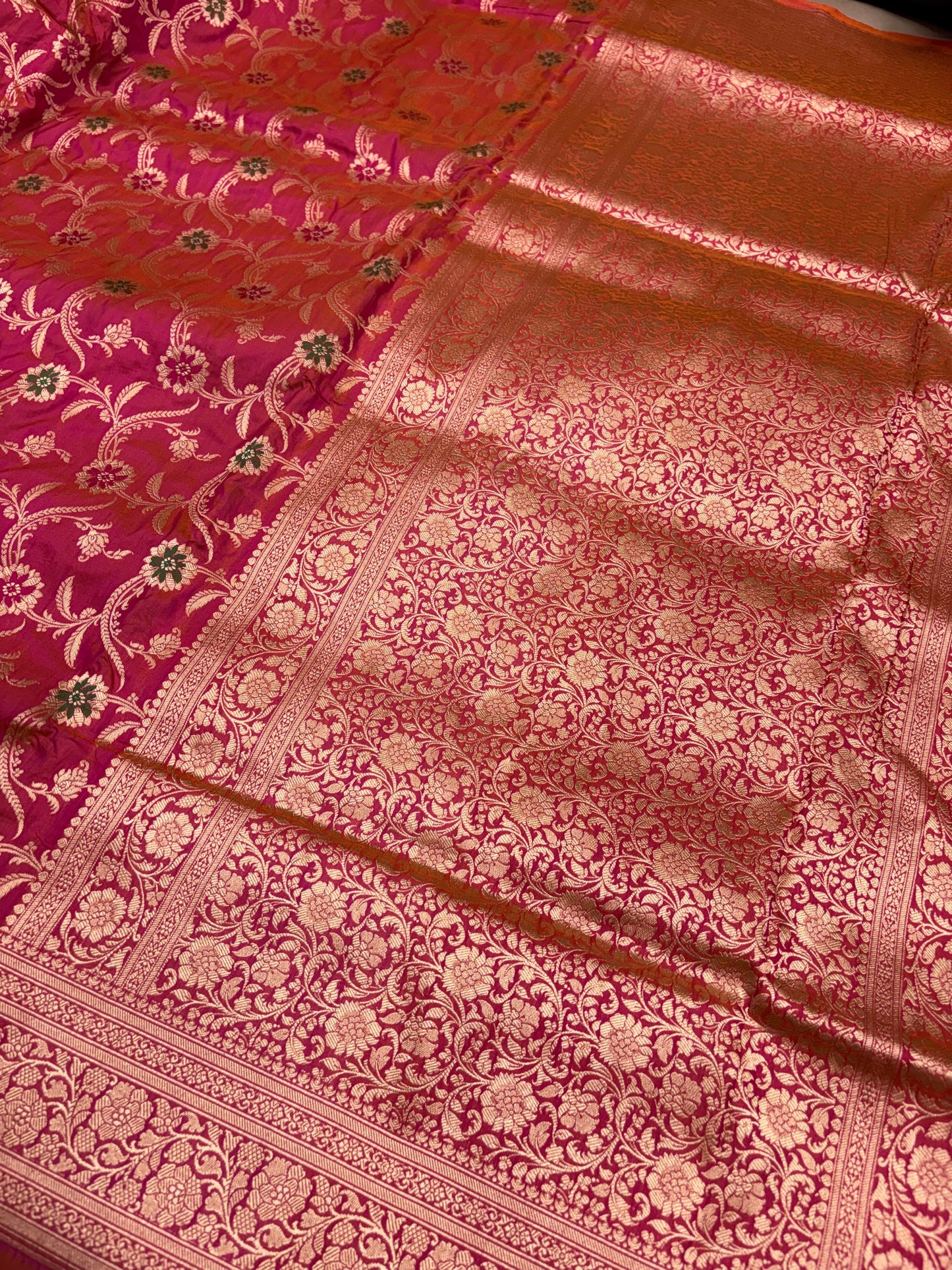 Banarasi Meenakari Woven Pure Katan Silk Saree in Rani Pink with Orange Contrast