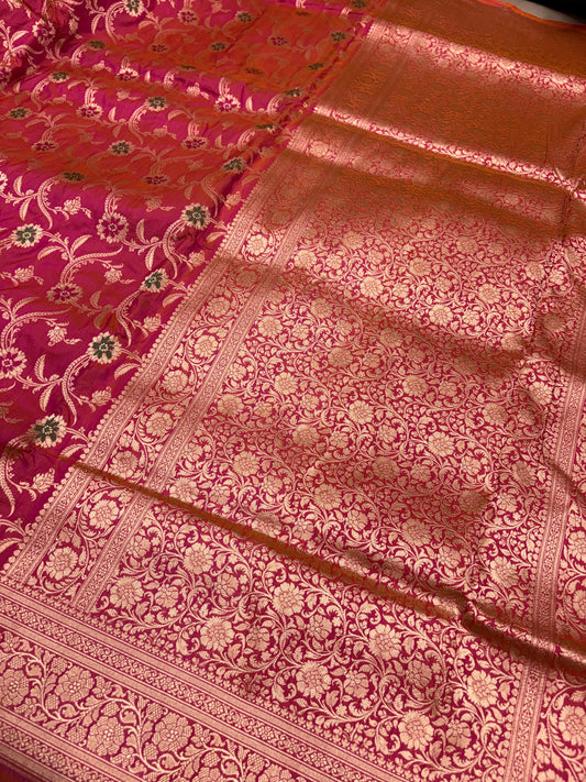 Banarasi Meenakari Woven Pure Katan Silk Saree in Rani Pink with Orange Contrast (PK17)