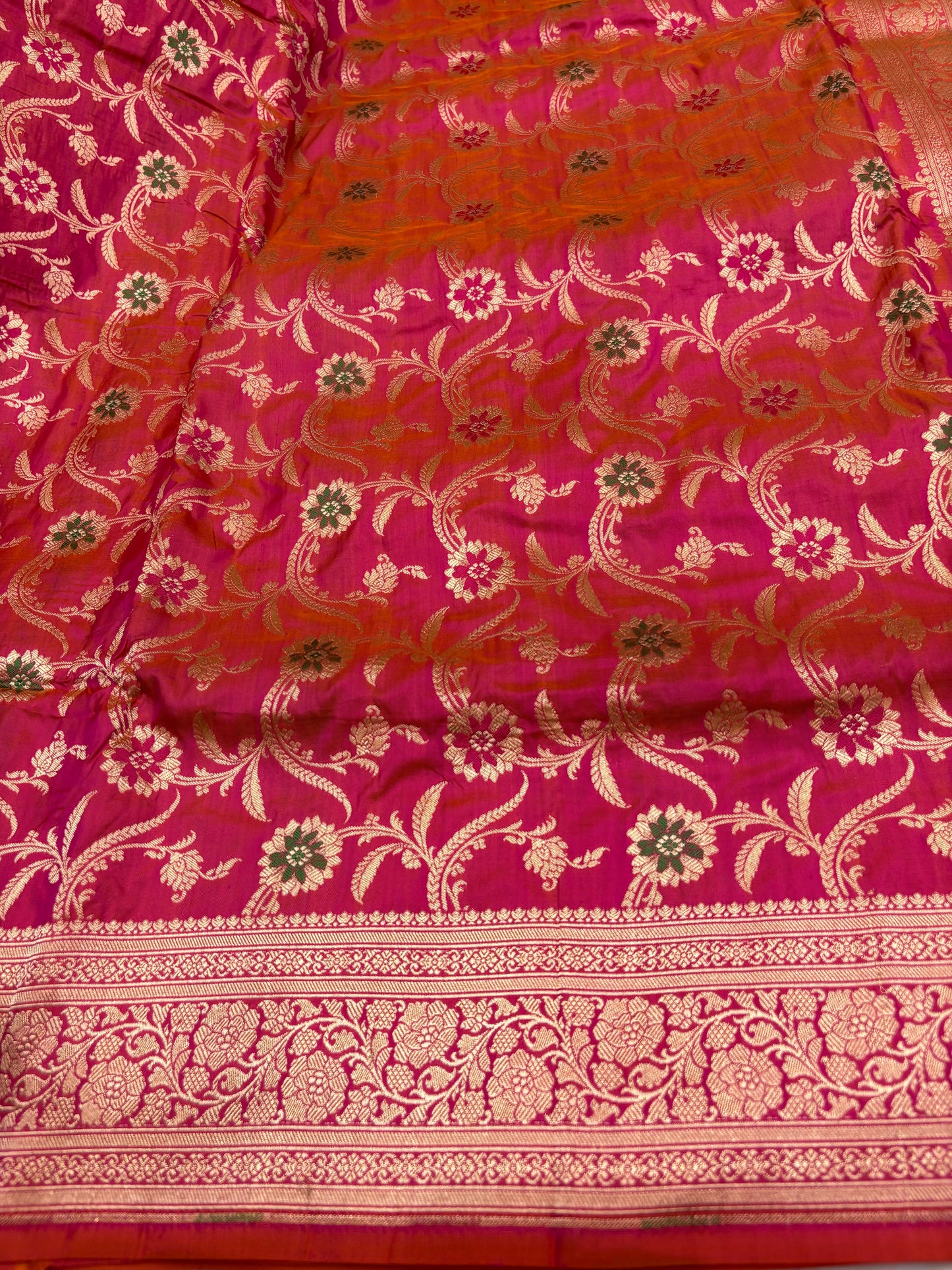 Banarasi Meenakari Woven Pure Katan Silk Saree in Rani Pink with Orange Contrast
