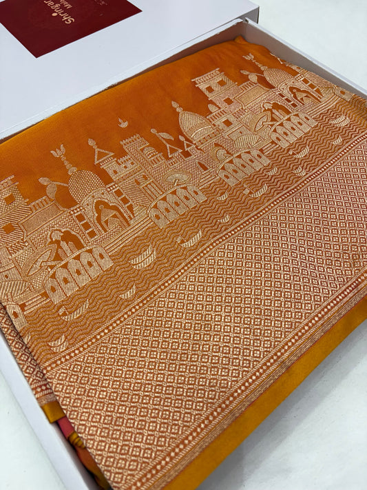 Kashi Darshan Mashru Saree – Mustard Rani